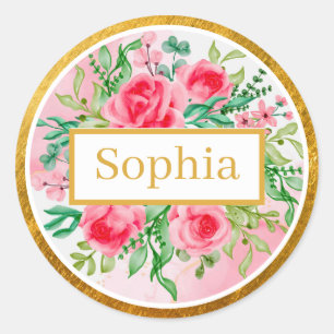 Sticker Rond Roses roses de style aquarelle, feuilles vertes et