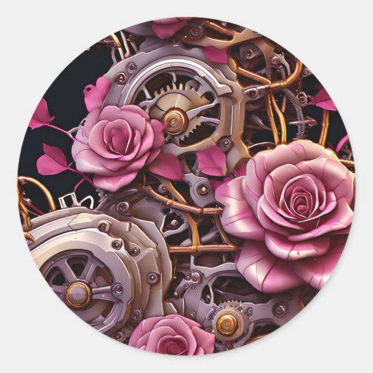 Sticker Rond Roses roses et engrenages métalliques Steampunk (Devant)