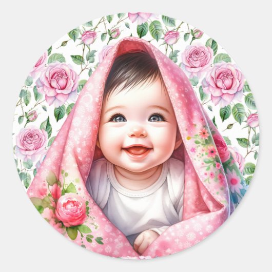 Sticker Rond Roses roses roses mignonnes et Fille bébé souriant (Devant)