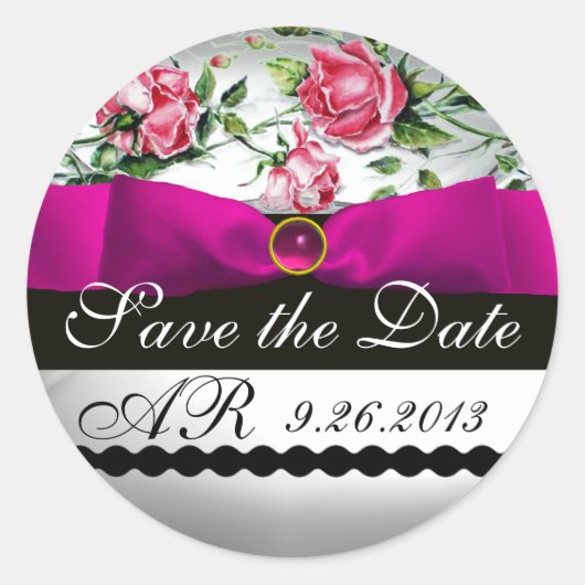 STICKER ROND ROSES ROSES ROSES ROSES ET MONOGRAMME DE FUCHSIA R (Devant)