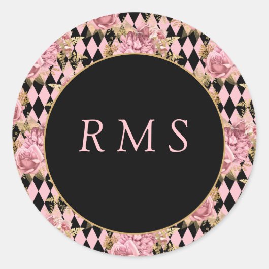 Sticker Rond Roses roses sur le Monogramme arlequin (Devant)