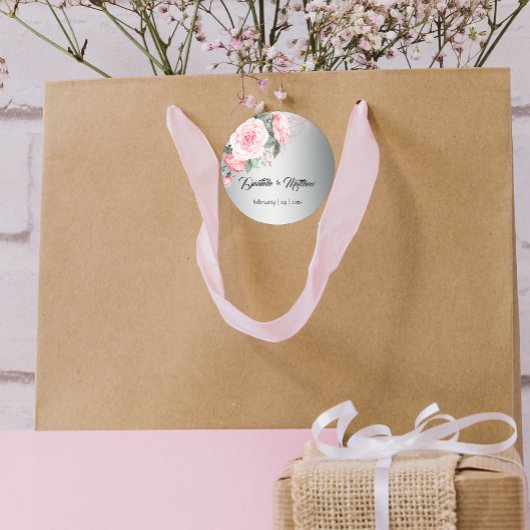 Sticker Rond Roses roses sur Mariage Botanique Argent