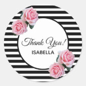 Sticker Rond Roses roses sur rayures blanches noires Merci (Devant)