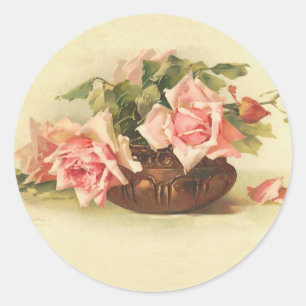 Sticker Rond Roses roses vintages dans un bol