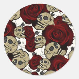Sticker Rond Roses Rouges & Crânes Floral Noir Gothique Blanc
