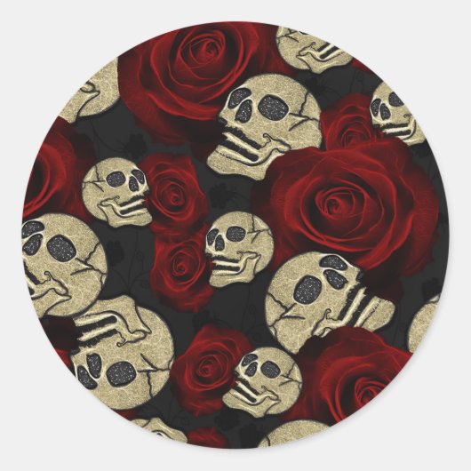 Sticker Rond Roses rouges & crânes gris floral gothique noir (Devant)