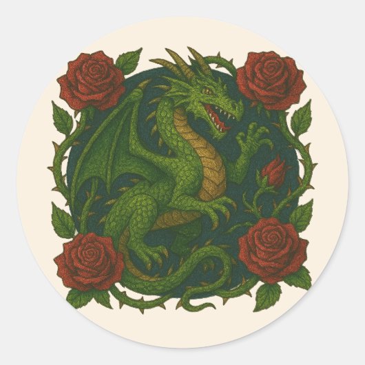 Sticker Rond Roses rouges dragon vert (Devant)
