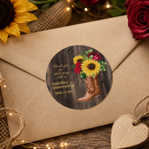 Sticker Rond Roses rouges Tournesols Bottes de cowgirl Quincean