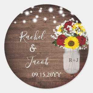 Sticker Rond Roses rustiques de tournesols Mason Jar Lumières M