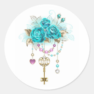 Sticker Rond Roses turquoise avec touches