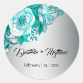 Sticker Rond Roses turquoise sur Mariage argenté (Devant)