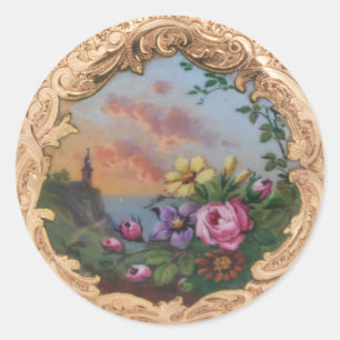 STICKER ROND ROSES VINTAGES ET FLEURS AVEC LE PAYSAGE