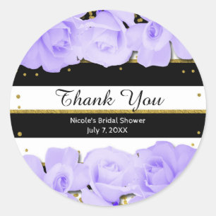 Sticker Rond Roses Violettes Rayures Noires & Or Fête de Mariag