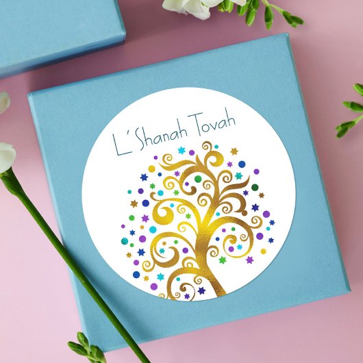 Sticker Rond Rosh Hashanah Moderne Or Bleu Arbre de vie