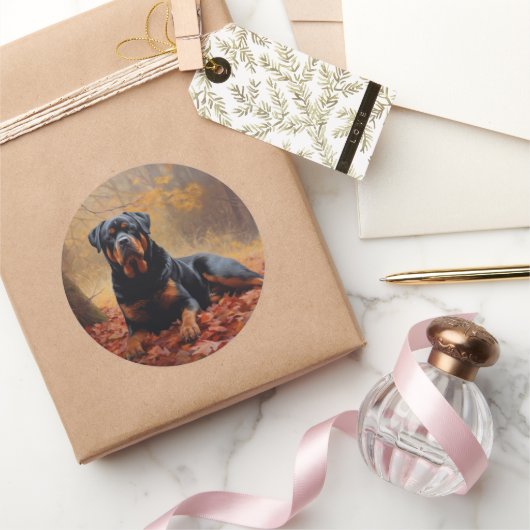 Sticker Rond Rottweiler dans les feuilles d'automne automne aut (Cadeaux)