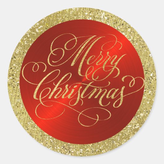 Sticker Rond Rouge avec frontière or et Joyeux Noël (Devant)