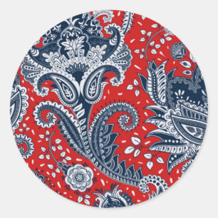 Sticker Rond Rouge Blanc & Bleu Floral Paisley Bohème Boho