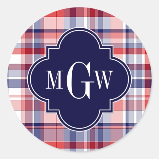 Sticker Rond Rouge Blanc Bleu Prépa Madras Monogramme (Devant)