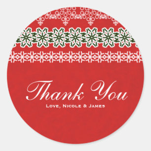 Sticker Rond Rouge & Blanc Dentelle d'Hiver Élégante Fête de Fê