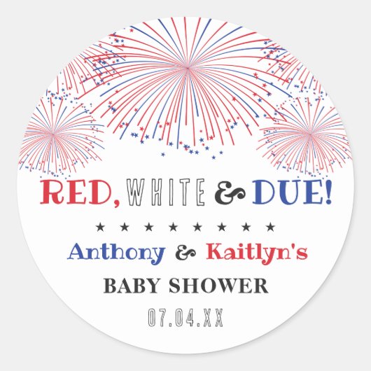Sticker Rond Rouge, Blanc & Due ! baby shower 4 juillet (Devant)