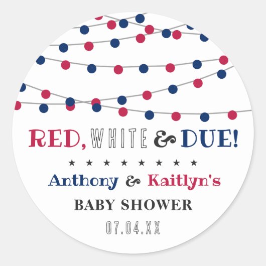Sticker Rond Rouge, Blanc & Due ! baby shower 4 juillet (Devant)
