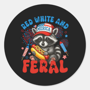 Sticker Rond Rouge Blanc Et Feral Funky Raccoon Usa 4 juillet