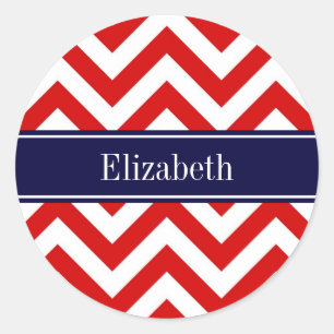 Sticker Rond Rouge Blanc LG Chevron Marine Nom bleu Monogramme