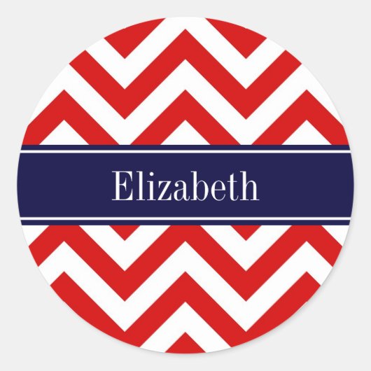 Sticker Rond Rouge Blanc LG Chevron Marine Nom bleu Monogramme (Devant)
