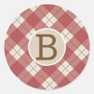 Sticker Rond Rouge bordeaux carreau rustique kraft monogramme