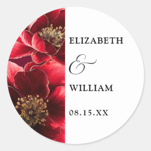 Sticker Rond Rouge Bourgogne Élégant Mariage Floral Moderne Fav
