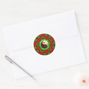 Sticker Rond Rouge brillant Vert or Yin Yang Merci