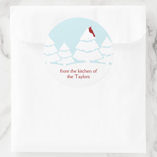 Sticker Rond Rouge Cardinal Bird Snow Scene Baking Noël (Sac)