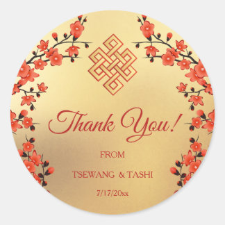 Sticker Rond Rouge cerise fleurie or Tibétain Mariage Merci