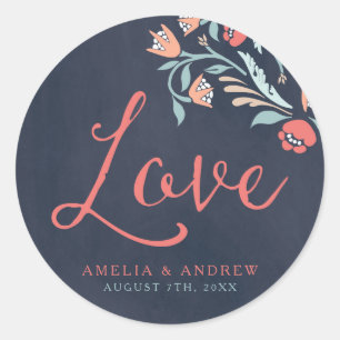 Sticker Rond Rouge Chalkboard Floral Love Mariage Round