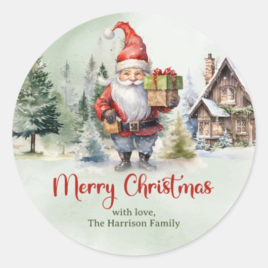 Sticker Rond Rouge classique et vert mignon gnome avec cadeaux (Devant)
