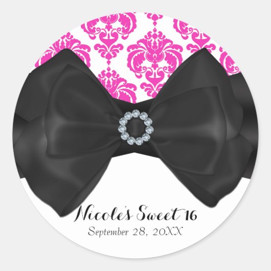 Sticker Rond Rouge et blanc Damas Noir Bow Glam Sweet 16 Party (Devant)