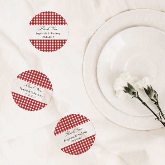 Sticker Rond Rouge et blanc En vichy Motif Barbeque Merci
