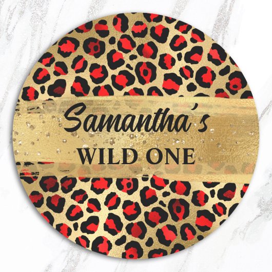 Sticker Rond Rouge et Or Feuille de Léopard Wild One