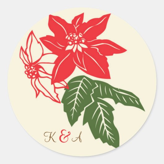 Sticker Rond Rouge et vert Poinsettias Mariage de Noël (Devant)