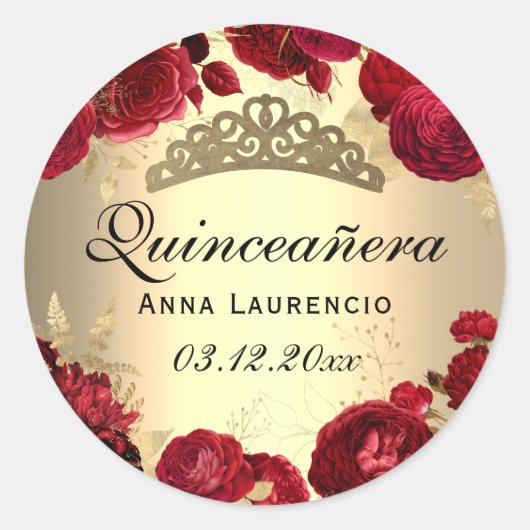 Sticker Rond Rouge Floral Roses Or Quinceanera (Devant)