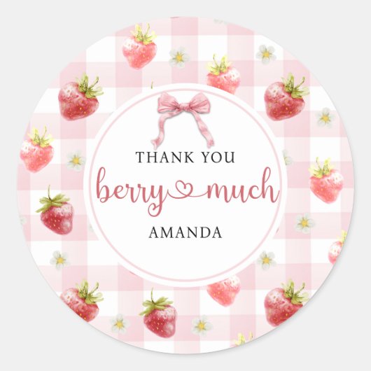 Sticker Rond Rouge Fraise Rose Carreaux Merci Beaucoup (Devant)