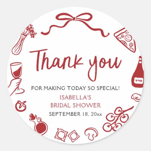 Sticker Rond Rouge Italien Dessin à la Main Pizza Pâtes Shower  (Devant)