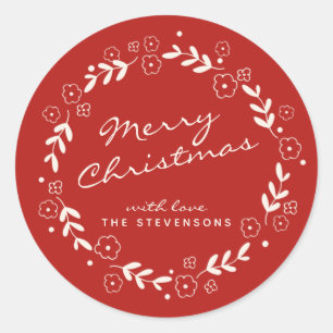 Sticker Rond Rouge Joyeux Noël Floral Wreath Simple Personnalis
