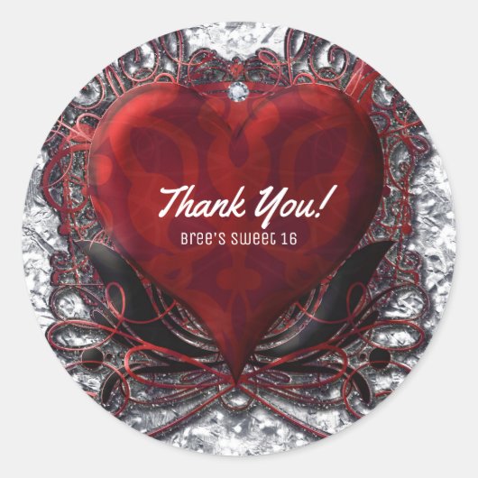 Sticker Rond Rouge Noir Argent Saint Valentin Coeur Gothique Ro (Devant)