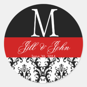 Sticker Rond Rouge noir blanc Mariage Monogramme Date Damask Se