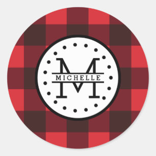 Sticker Rond Rouge noir Buffalo Plaid Nom de la sériole Monogra