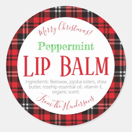 Sticker Rond Rouge Noir Plaid Noël Peppermenthe Lèvres Balm (Devant)