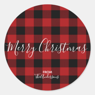 Sticker Rond Rouge & Noir Rustique Buffalo Gingham Carreaux Fêt
