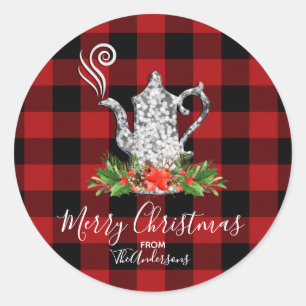 Sticker Rond Rouge Noir Rustique Buffalo Gingham Carreaux Fêtes