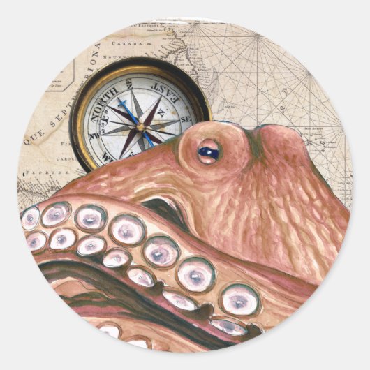 Sticker Rond Rouge Octopus Compass Carte Vintage beige (Devant)